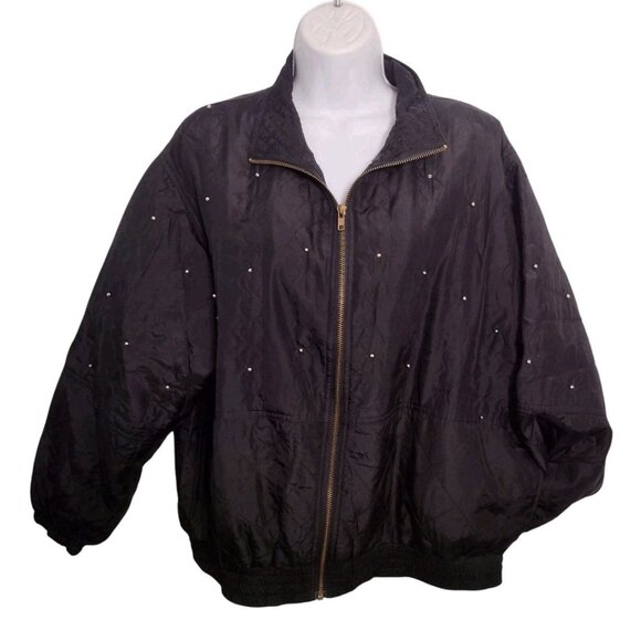 EVR DIV Rousso Studded Silk Bomber Jacket Womens L Full Zip Vintage 80s Black - Picture 1 of 6